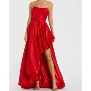 $598 Mac Duggal Women's Strapless Ruched High Low Gown, Size 8 Red NEW